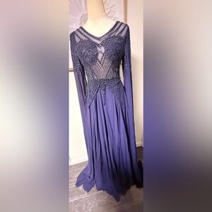 Midnight Blue Beaded Long Sleeve Evening Gown